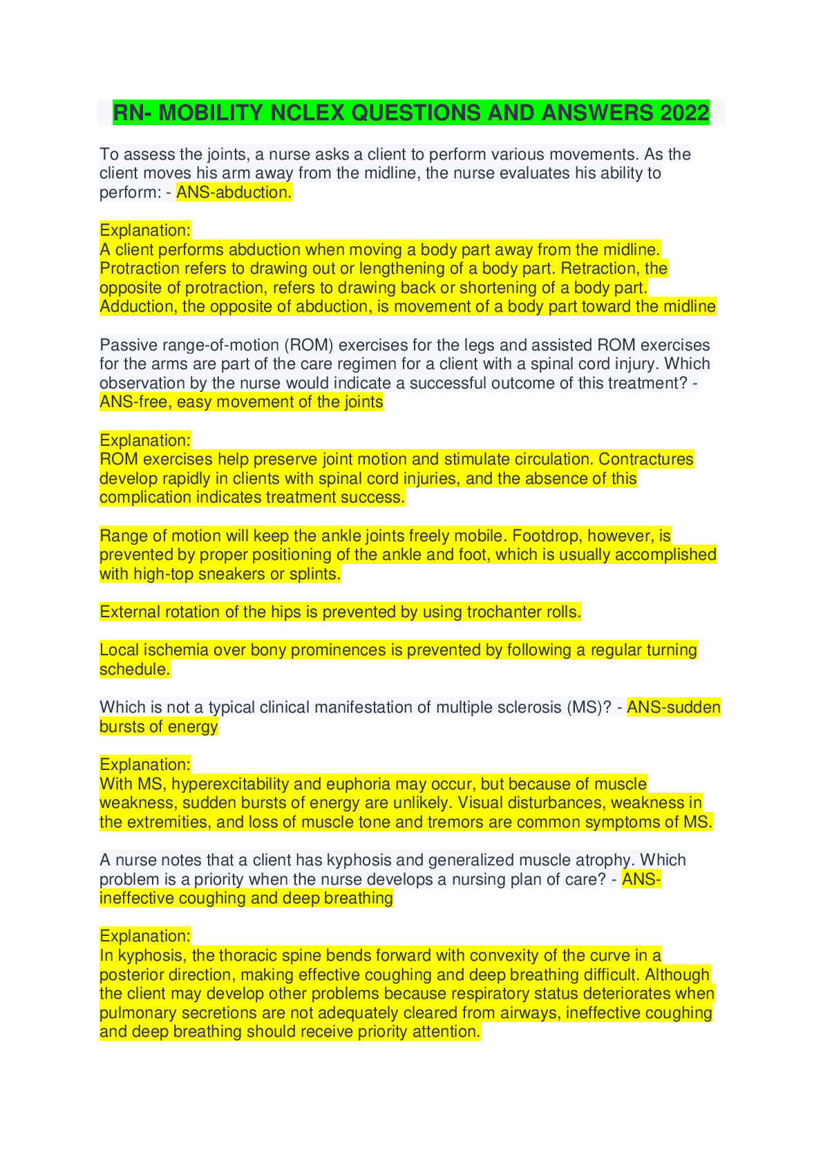 RN MOBILITY NCLEX QUESTIONS AND ANSWERS 2022 Browsegrades